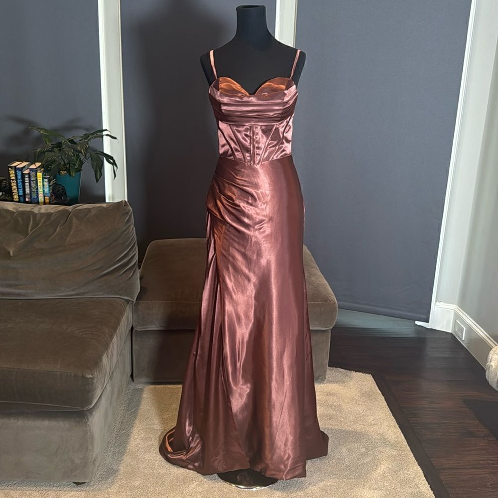 Women’s Brown Full Length Prom Party Dress Criss Cross Straps Leg Slit Size 6